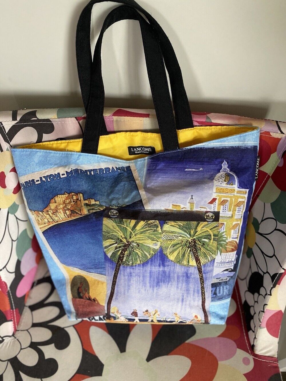 Tote with Art Deco Postcard Theme Lancome One side has images of French Riviera